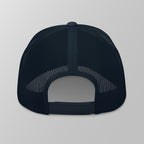 Back view of a navy blue premium padel trucker cap with a breathable mesh back and adjustable snapback strap.