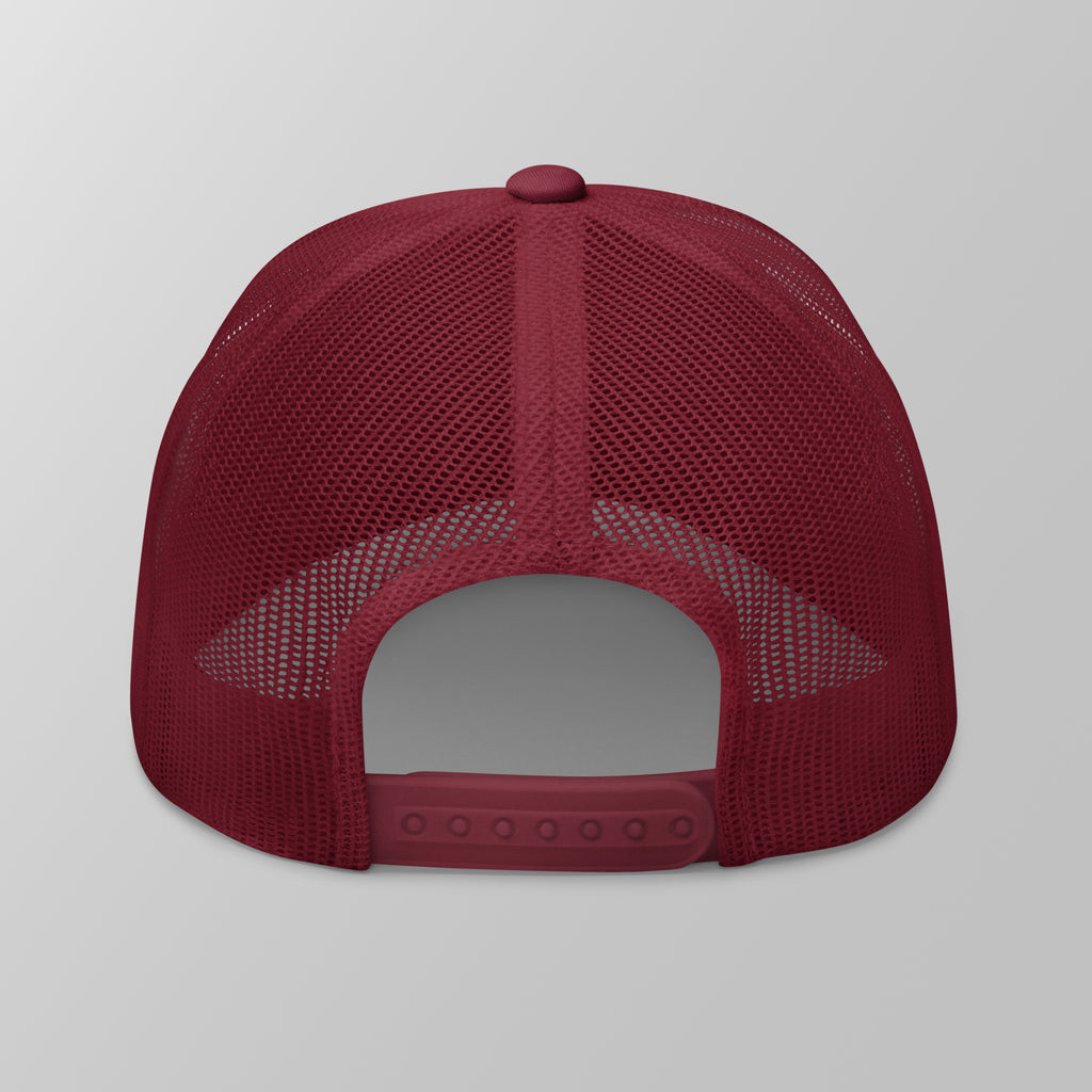 Back view of a maroon premium padel trucker cap with a breathable mesh back and adjustable snapback strap.