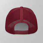 Back view of a maroon premium padel trucker cap with a breathable mesh back and adjustable snapback strap.