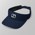 Angled view of a navy blue premium padel visor featuring a white embroidered 'Après Padel Society' logo.
