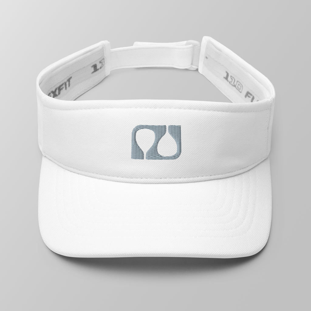 Front view of a white premium padel visor with a grey embroidered 'Après Padel Society' logo.