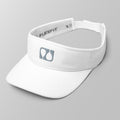 Angled view of a white premium padel visor featuring a grey embroidered 'Après Padel Society' logo.