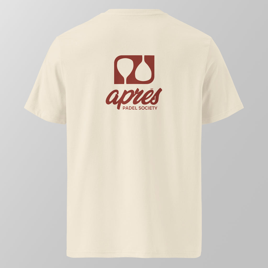 Back view of a cream relaxed fit oversized unisex padel t-shirt with the red black 'Après Padel Society' logo. 