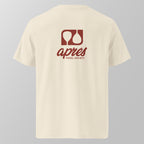 Back view of a cream relaxed fit oversized unisex padel t-shirt with the red black 'Après Padel Society' logo. 