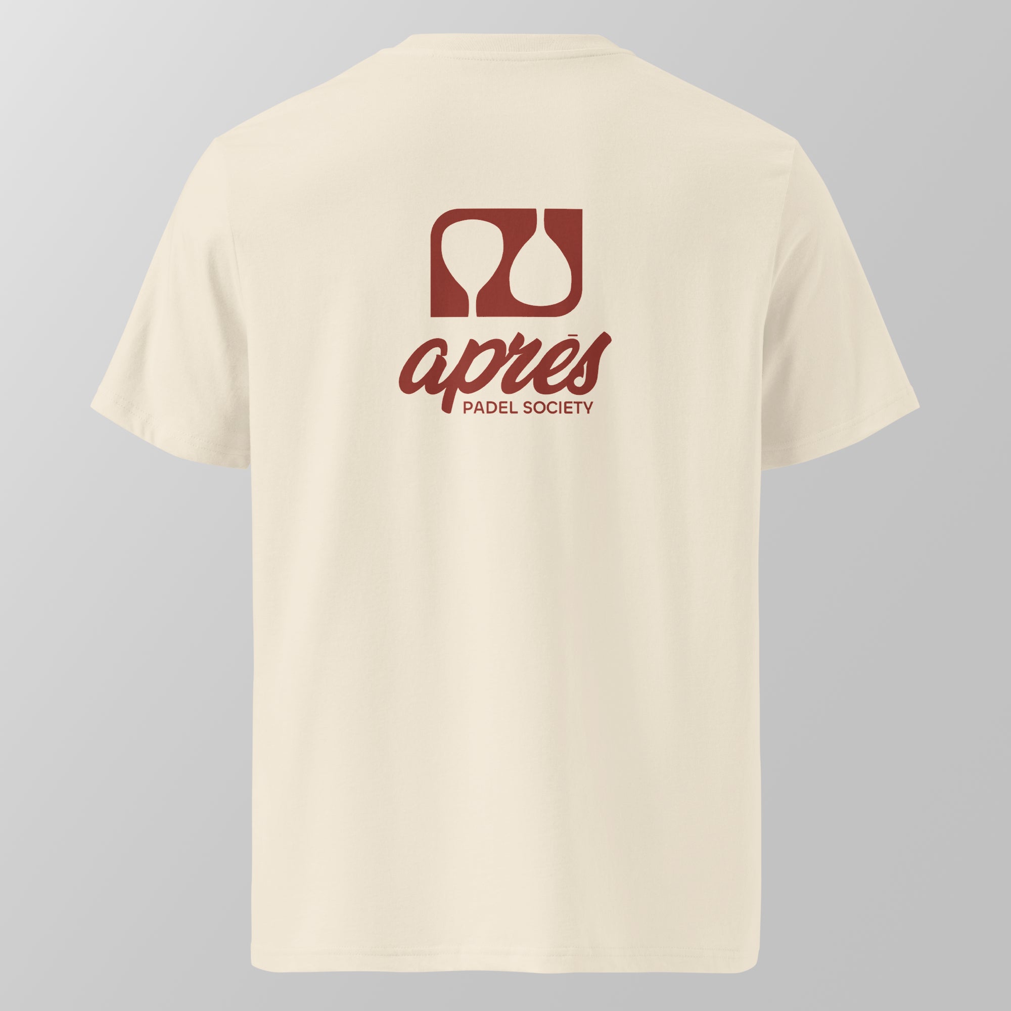 Back view of a cream relaxed fit oversized unisex padel t-shirt with the red black 'Après Padel Society' logo. 
