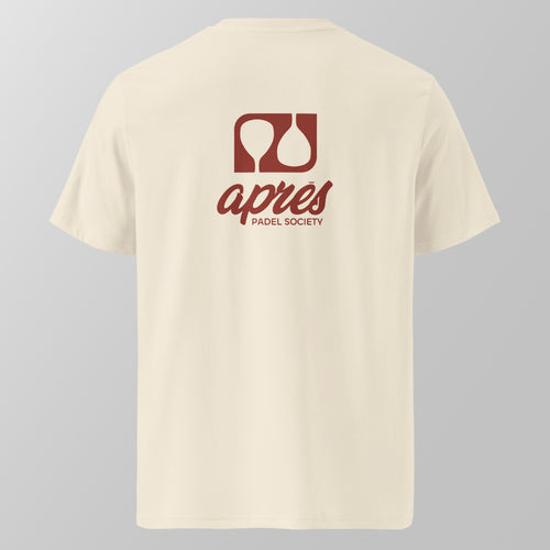 Back view of a cream relaxed fit oversized unisex padel t-shirt with the red black 'Après Padel Society' logo. 