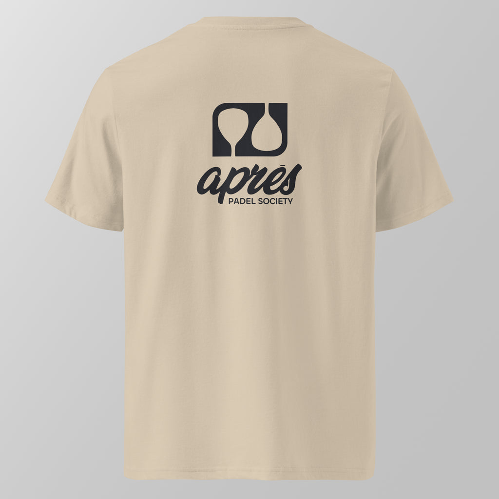 Back view of an ecru relaxed fit oversized unisex padel t-shirt with the large black 'Après Padel Society' logo. 