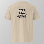 Back view of an ecru relaxed fit oversized unisex padel t-shirt with the large black 'Après Padel Society' logo. 
