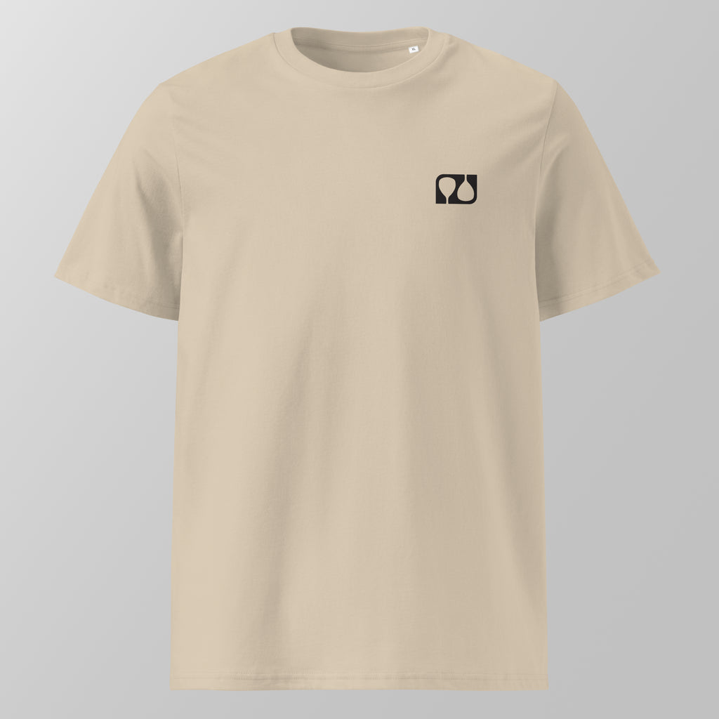 Front view of an ecru relaxed fit oversized unisex padel t-shirt with a small black logo on the left chest.