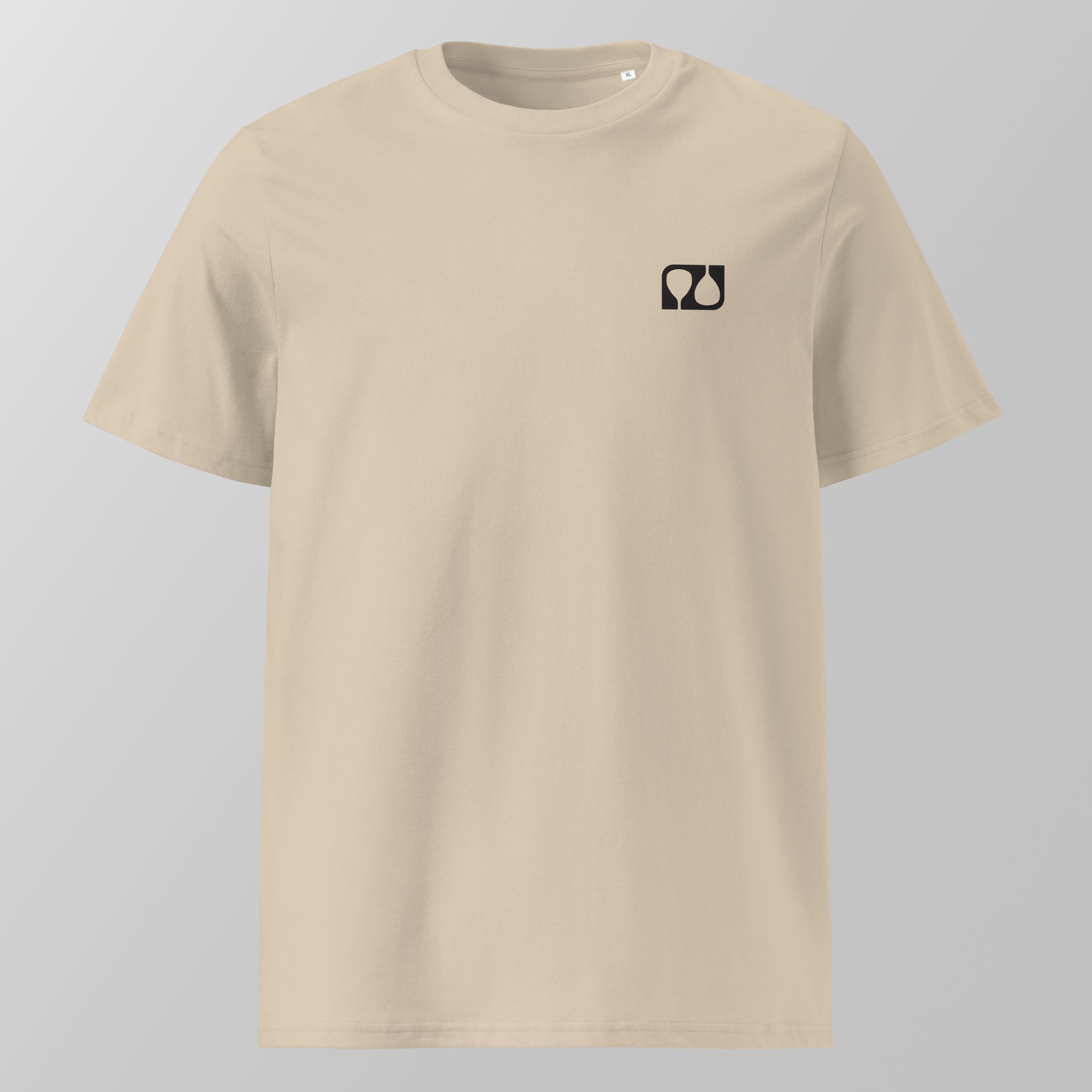 Front view of an ecru relaxed fit oversized unisex padel t-shirt with a small black logo on the left chest.