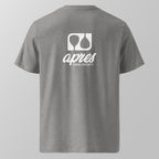 Back view of a heather grey relaxed fit oversized unisex padel t-shirt with the large white 'Après Padel Society' logo. 