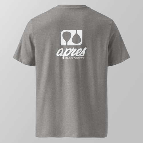 Back view of a heather grey relaxed fit oversized unisex padel t-shirt with the large white 'Après Padel Society' logo. 