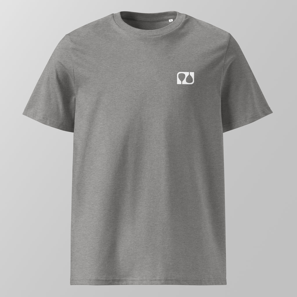 Front view of a heather grey relaxed fit oversized unisex padel t-shirt with a small white logo on the left chest.