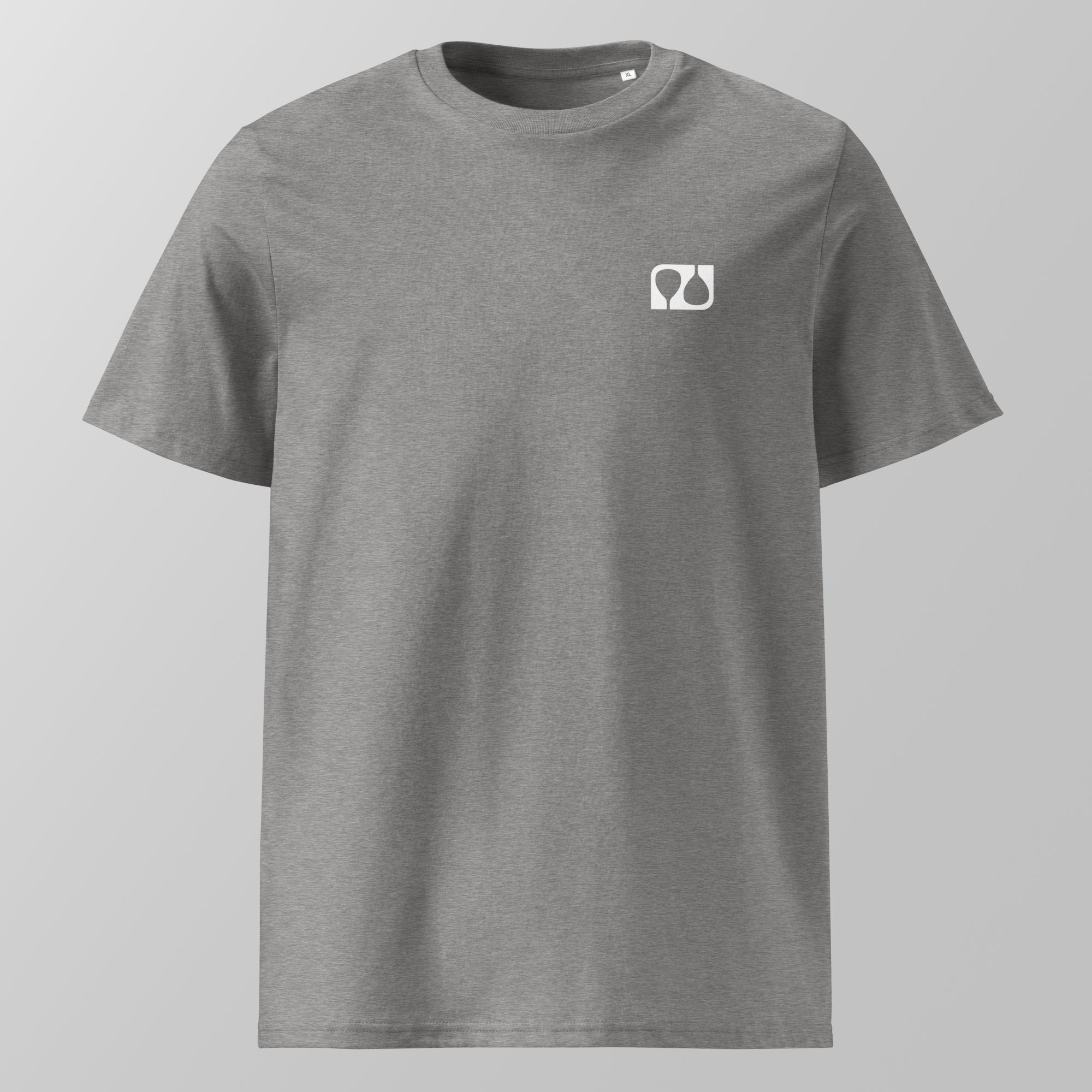 Front view of a heather grey relaxed fit oversized unisex padel t-shirt with a small white logo on the left chest.
