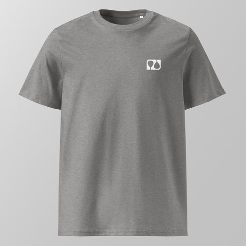 Front view of a heather grey relaxed fit oversized unisex padel t-shirt with a small white logo on the left chest.