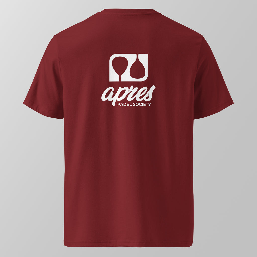 Back view of a maroon relaxed fit oversized unisex padel t-shirt with the large white 'Après Padel Society' logo. 