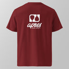 Back view of a maroon relaxed fit oversized unisex padel t-shirt with the large white 'Après Padel Society' logo. 