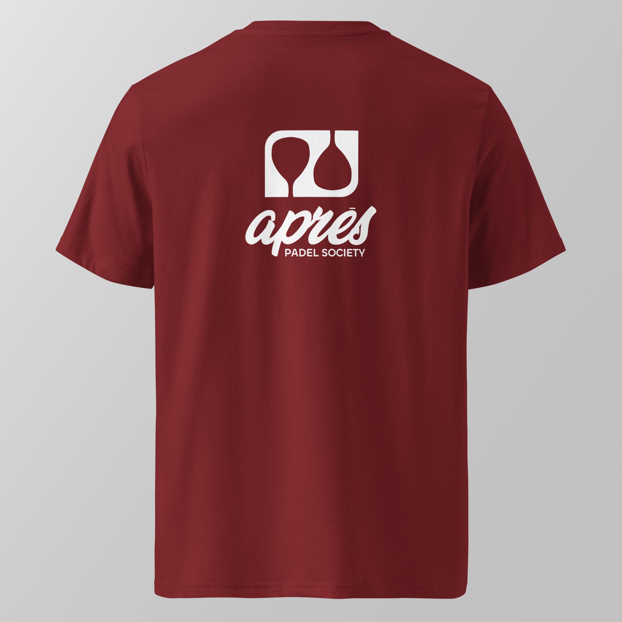 Back view of a maroon relaxed fit oversized unisex padel t-shirt with the large white 'Après Padel Society' logo. 