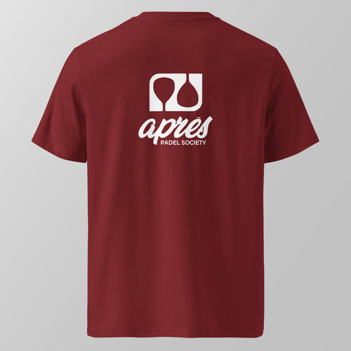 Back view of a maroon relaxed fit oversized unisex padel t-shirt with the large white 'Après Padel Society' logo. 