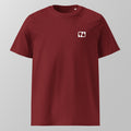 Front view of a maroon relaxed fit oversized unisex padel t-shirt with a small white logo on the left chest.