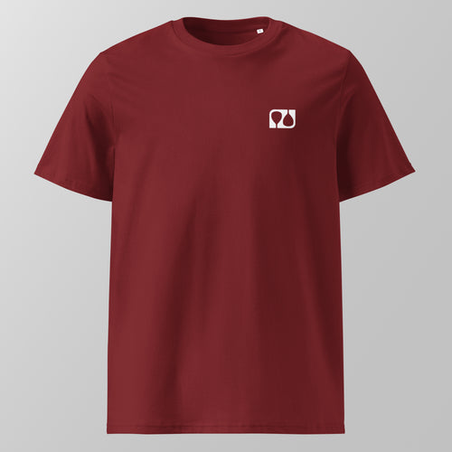 Front view of a maroon relaxed fit oversized unisex padel t-shirt with a small white logo on the left chest.