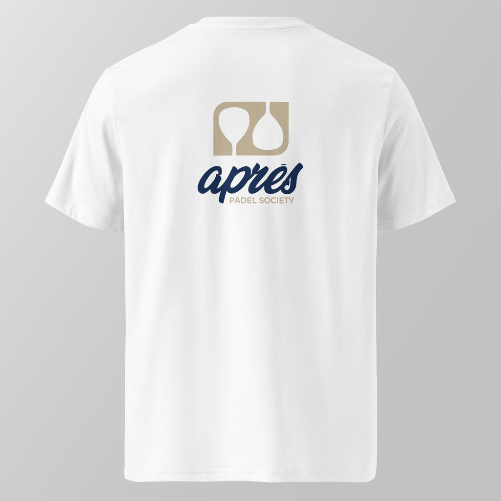 Back view of a white relaxed fit oversized unisex padel t-shirt with the large tan and navy 'Après Padel Society' logo. 