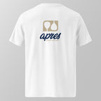 Back view of a white relaxed fit oversized unisex padel t-shirt with the large tan and navy 'Après Padel Society' logo. 