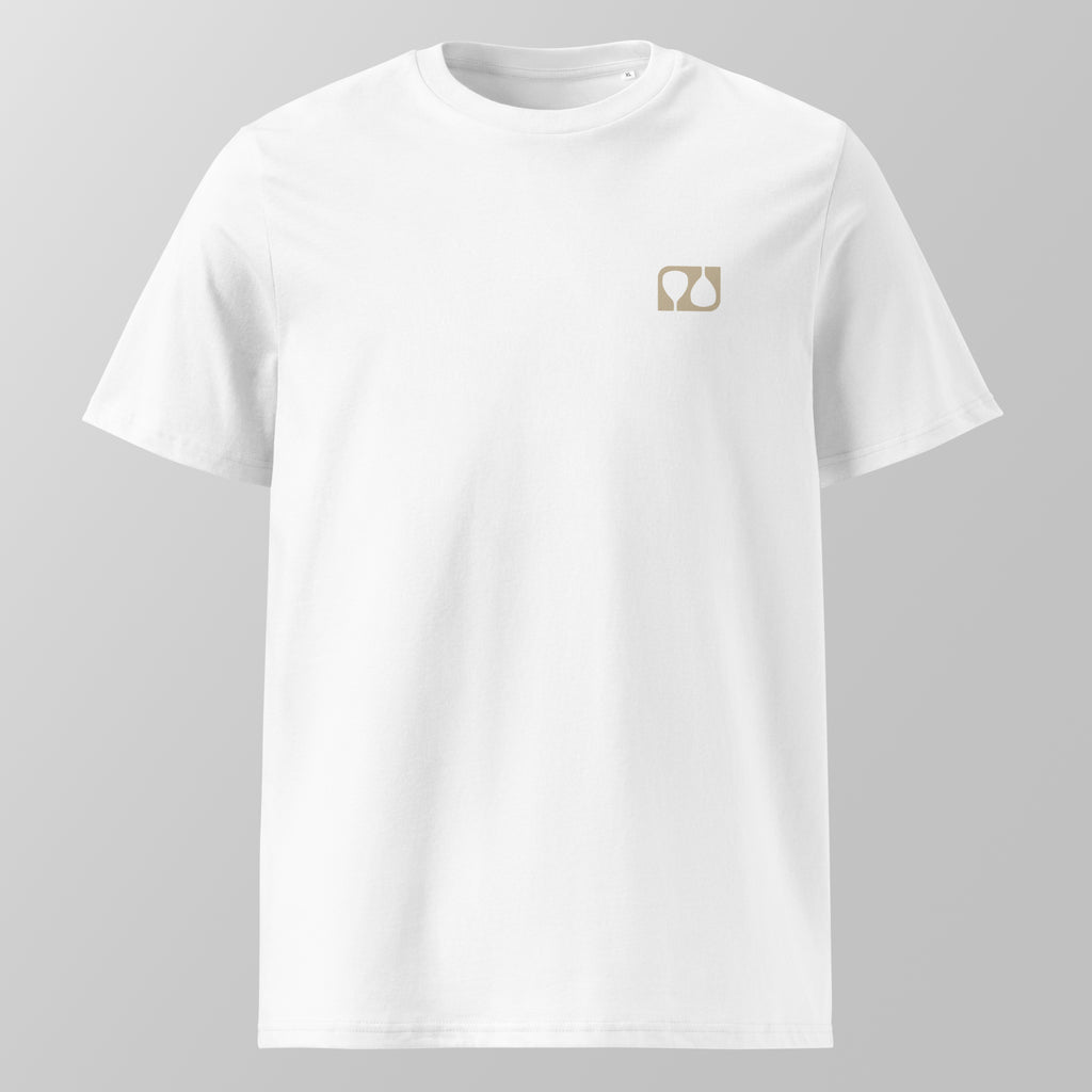 Front view of a white relaxed fit oversized unisex padel t-shirt with a small tan logo on the left chest.