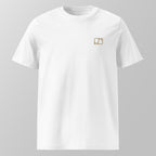 Front view of a white relaxed fit oversized unisex padel t-shirt with a small tan logo on the left chest.