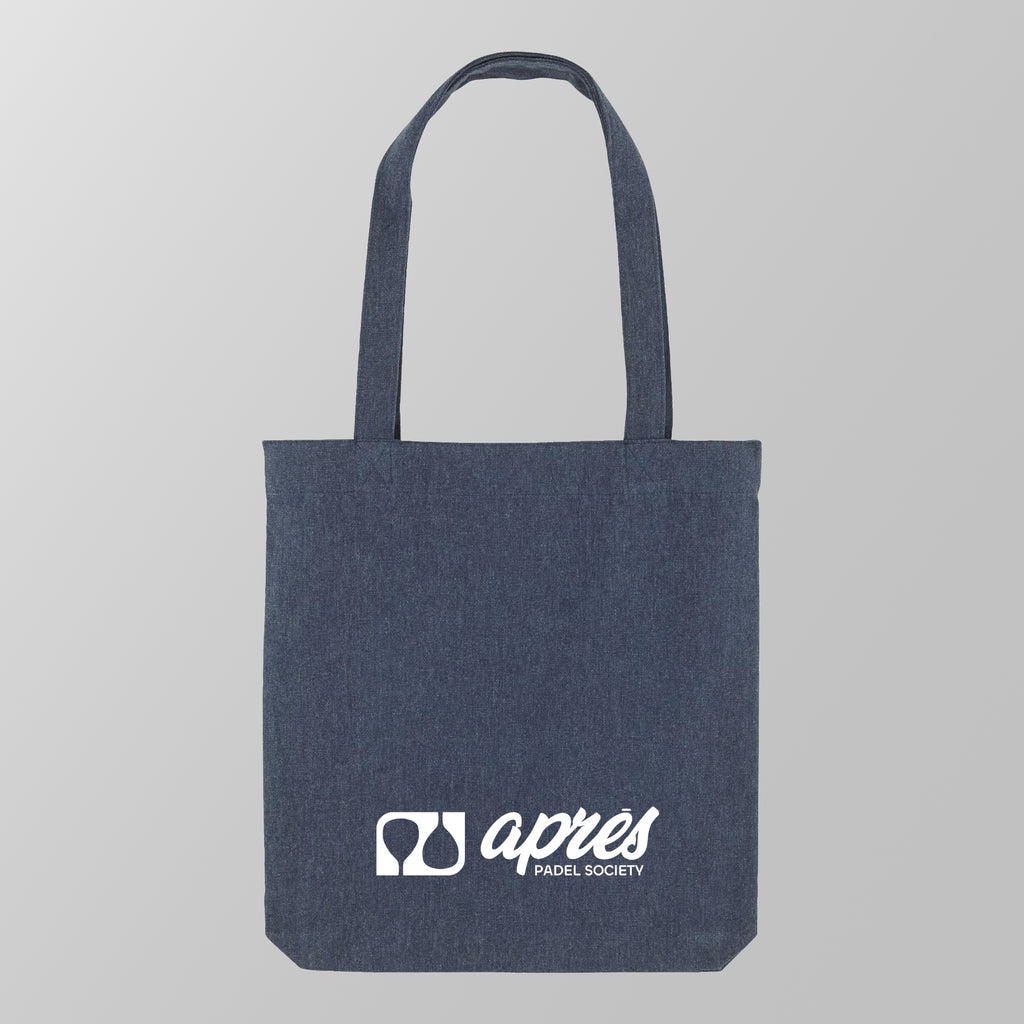 Front view of a premium navy padel tote bag with the white 'Après Padel Society' logo. 