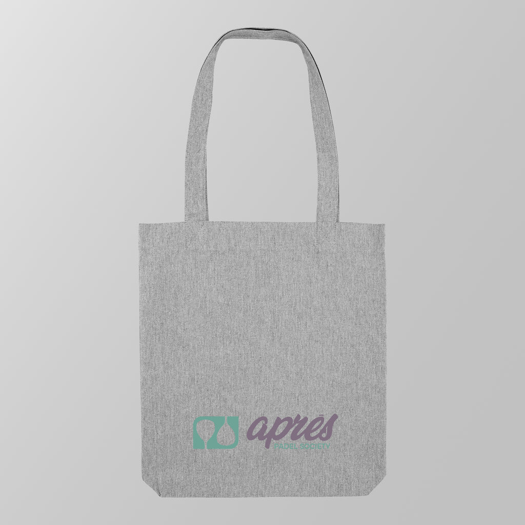 Front view of a premium heather grey padel tote bag with the green & purple 'Après Padel Society' logo. 
