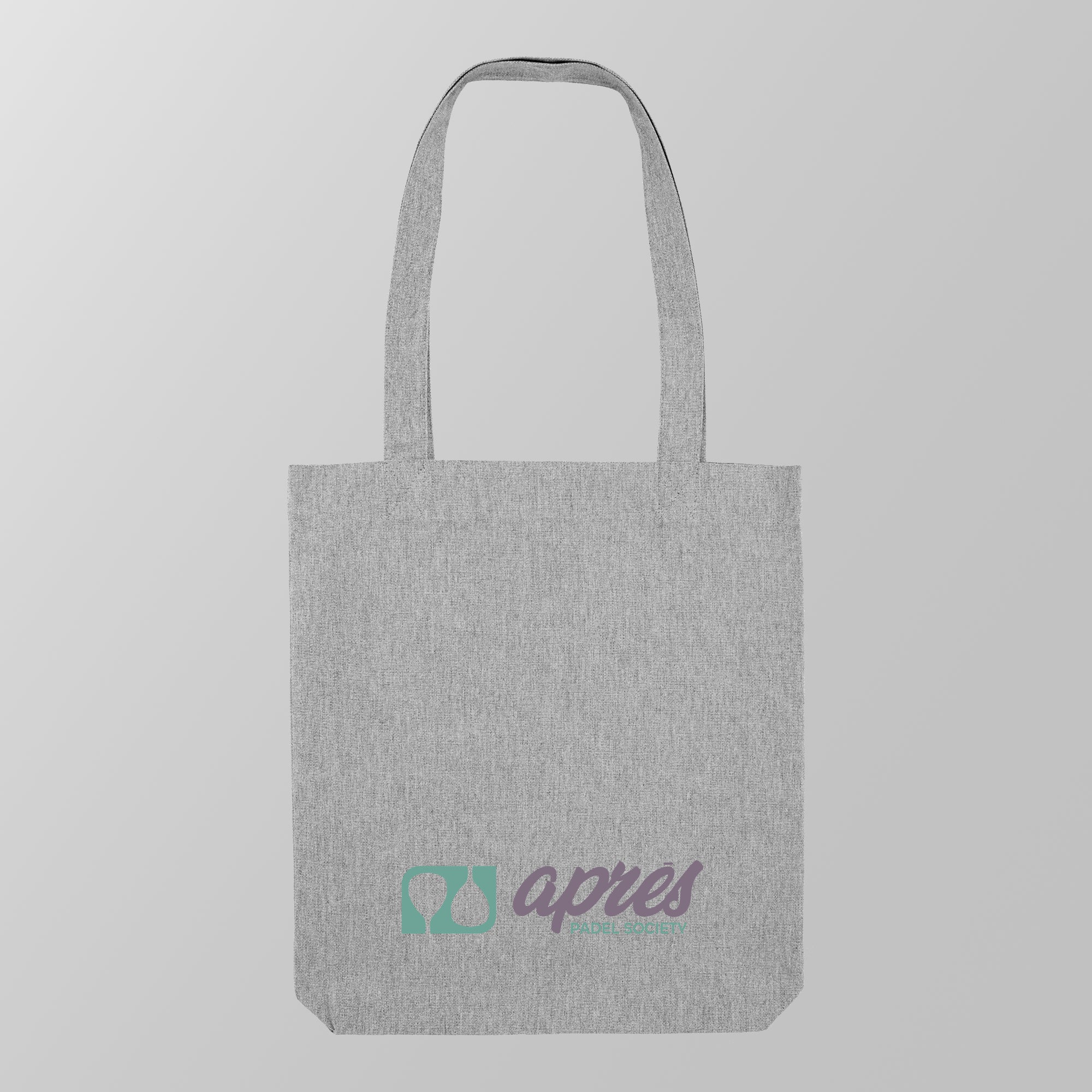 Front view of a premium heather grey padel tote bag with the green & purple 'Après Padel Society' logo. 
