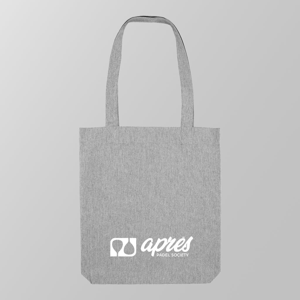 Front view of a premium heather grey padel tote bag with the white 'Après Padel Society' logo. 