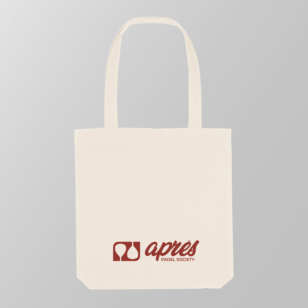 Front view of a premium cream padel tote bag with the red 'Après Padel Society' logo. 