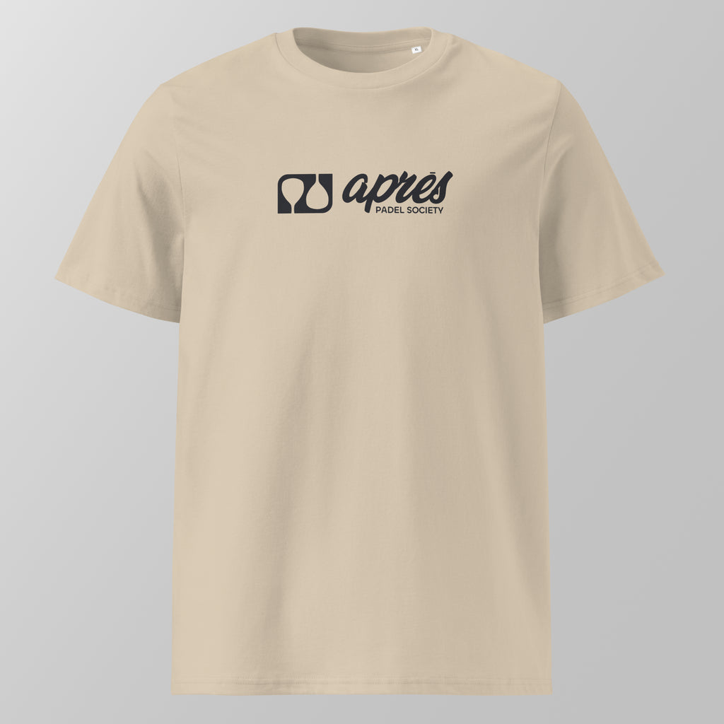 Front view of a ecru relaxed fit oversized unisex padel t-shirt with a black horizontal 'Après Padel Society' logo on the chest.