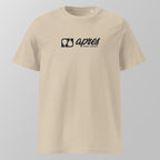 Front view of a ecru relaxed fit oversized unisex padel t-shirt with a black horizontal 'Après Padel Society' logo on the chest.