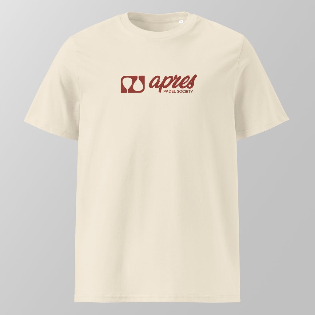 Front view of a cream relaxed fit oversized unisex padel t-shirt with a red horizontal 'Après Padel Society' logo on the chest.