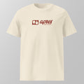 Front view of a cream relaxed fit oversized unisex padel t-shirt with a red horizontal 'Après Padel Society' logo on the chest.