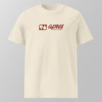 Front view of a cream relaxed fit oversized unisex padel t-shirt with a red horizontal 'Après Padel Society' logo on the chest.