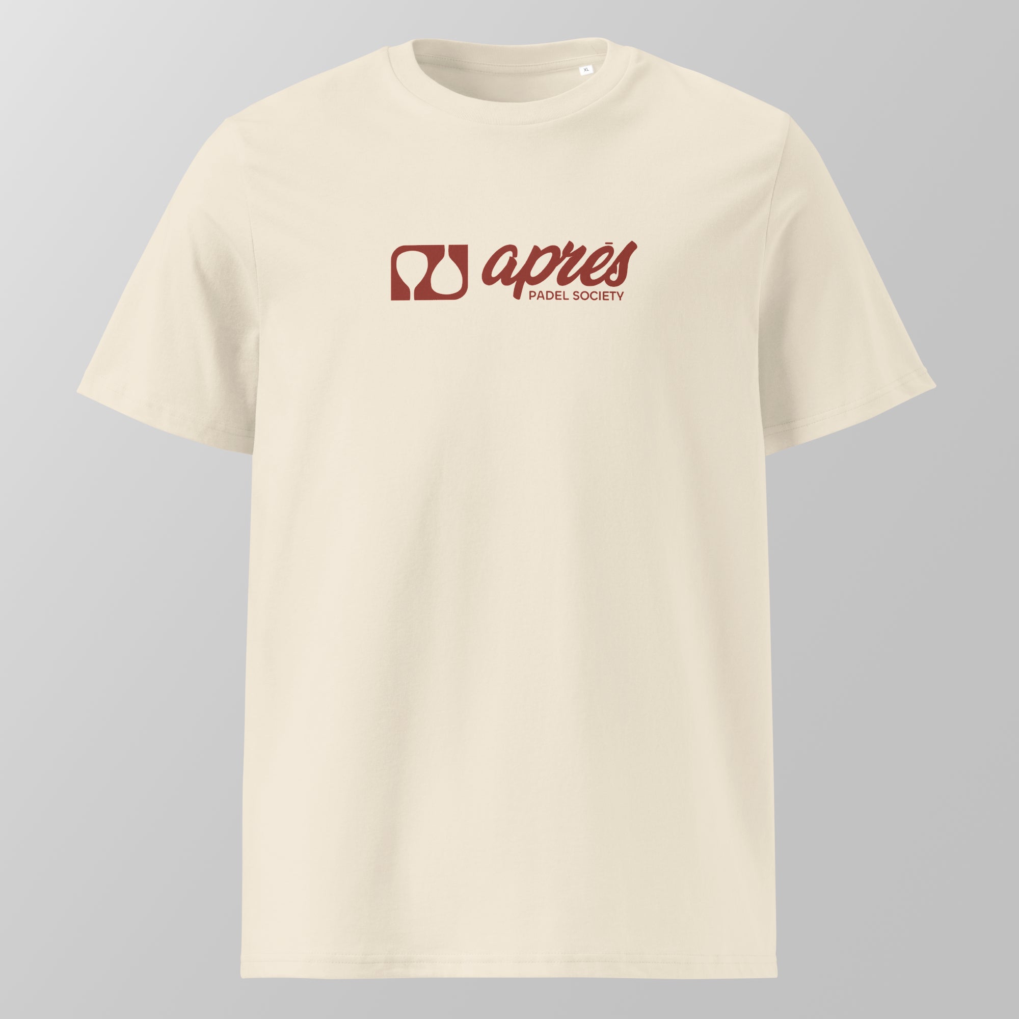 Front view of a cream relaxed fit oversized unisex padel t-shirt with a red horizontal 'Après Padel Society' logo on the chest.