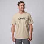Male model wearing an oversized unisex ecru padel t-shirt in relaxed fit with a black horizontal chest logo.
