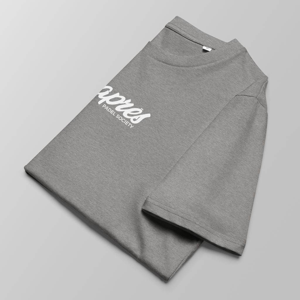 Close-up of a folded heather grey padel t-shirt with white 'Après Padel Society' logo centred.