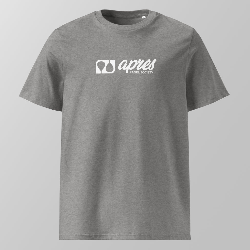 Front view of a heather grey relaxed fit oversized unisex padel t-shirt with a white horizontal 'Après Padel Society' logo on the chest.