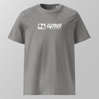 Front view of a heather grey relaxed fit oversized unisex padel t-shirt with a white horizontal 'Après Padel Society' logo on the chest.