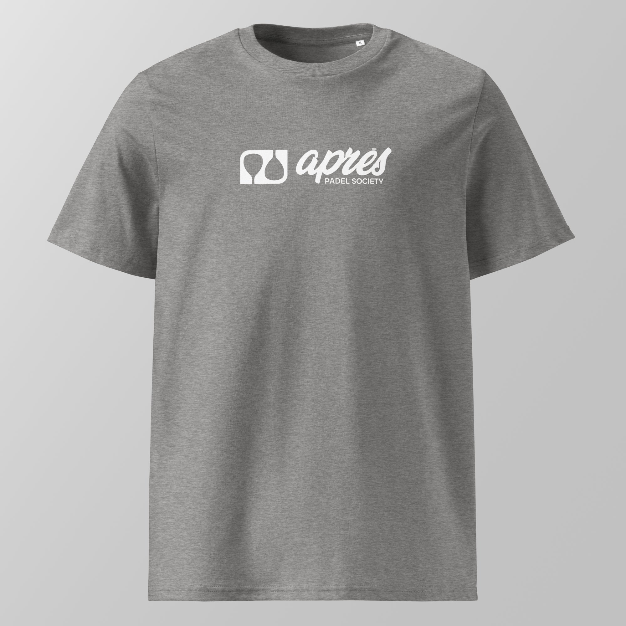 Front view of a heather grey relaxed fit oversized unisex padel t-shirt with a white horizontal 'Après Padel Society' logo on the chest.