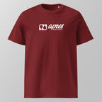 Front view of a maroon relaxed fit oversized unisex padel t-shirt with a white horizontal 'Après Padel Society' logo on the chest.