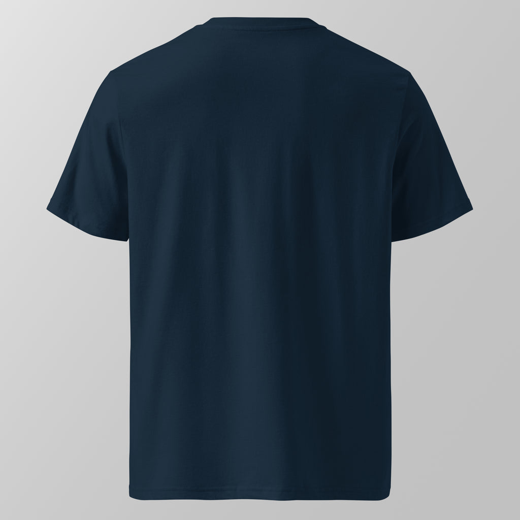 Back view of a navy blue relaxed fit oversized unisex padel t-shirt.