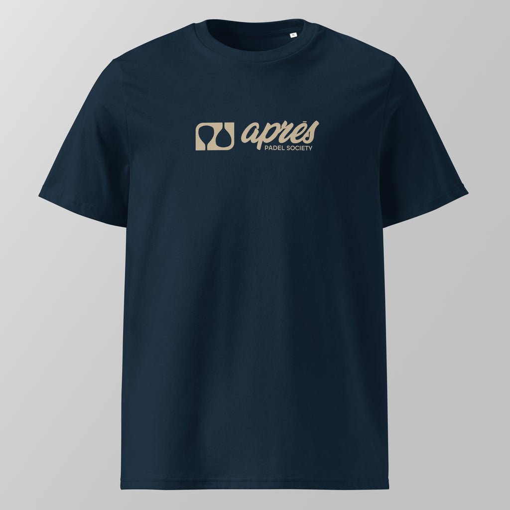 Front view of a navy blue relaxed fit oversized unisex padel t-shirt with a tan horizontal 'Après Padel Society' logo on the chest.