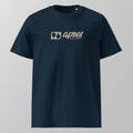 Front view of a navy blue relaxed fit oversized unisex padel t-shirt with a tan horizontal 'Après Padel Society' logo on the chest.