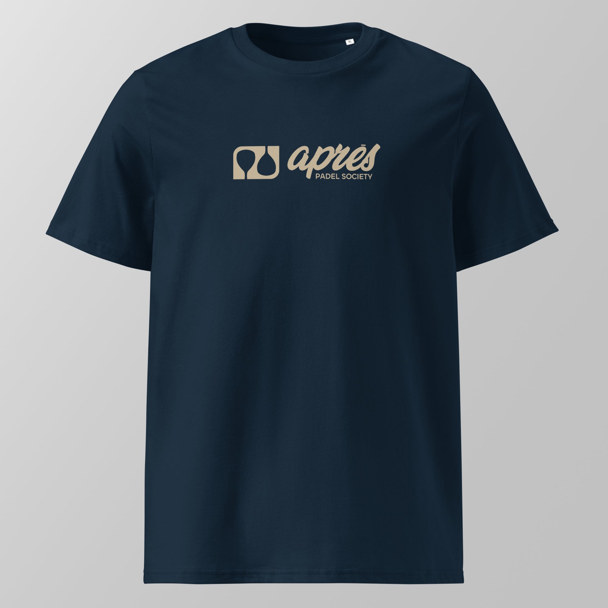 Front view of a navy blue relaxed fit oversized unisex padel t-shirt with a tan horizontal 'Après Padel Society' logo on the chest.